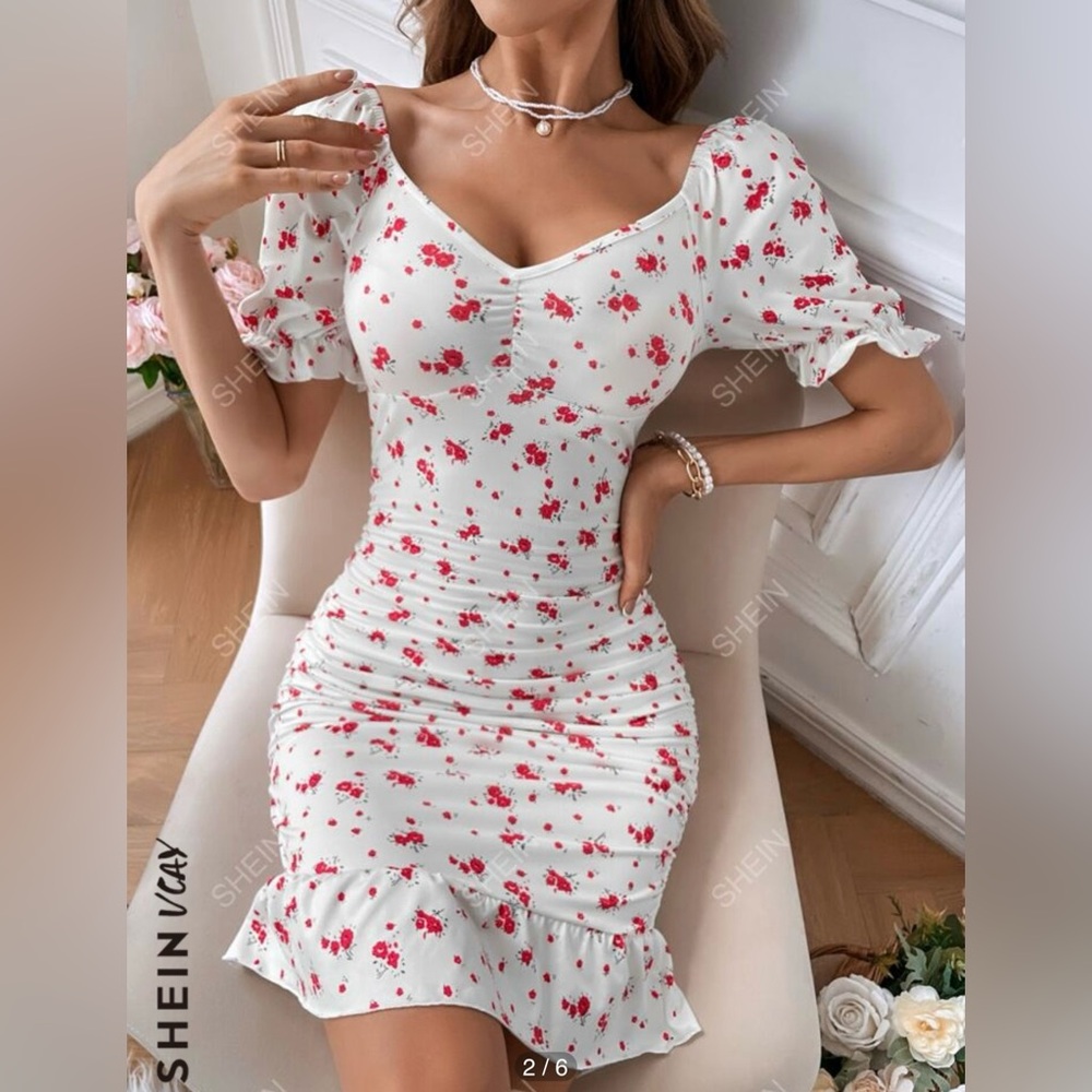 SHEIN Vcay Lace-Up Backless Puff Sleeve Ruched Ruffle Hem, Bodycon Dress, XL/12